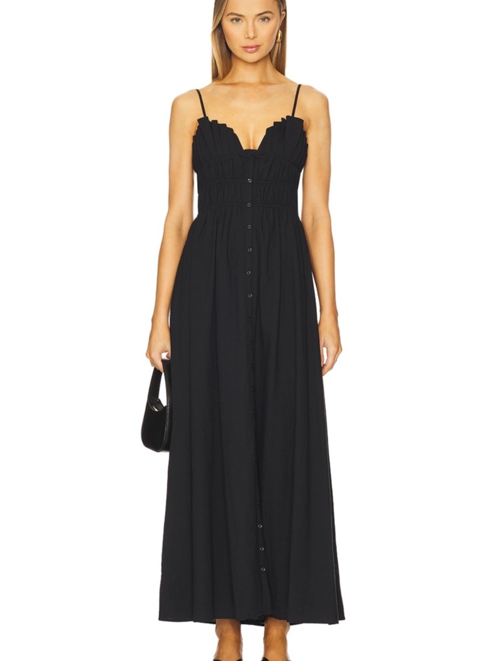 Scalloped V-Neck Black Maxi Dress with Button Front